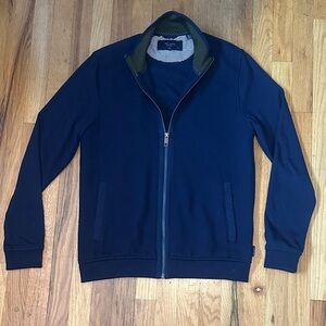 Ted Baker Men's Navy Zip-Up Sweater Jacket with Olive Trim